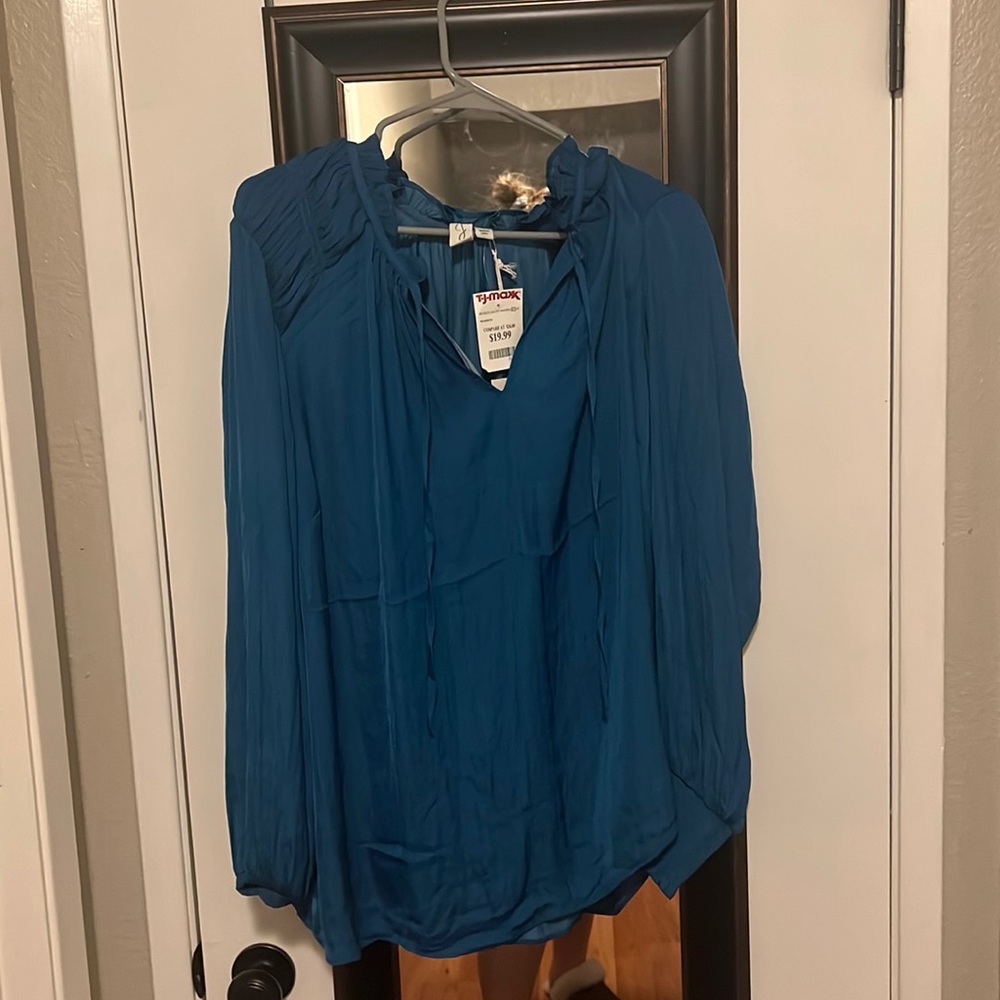 Blue silky long sleeve top